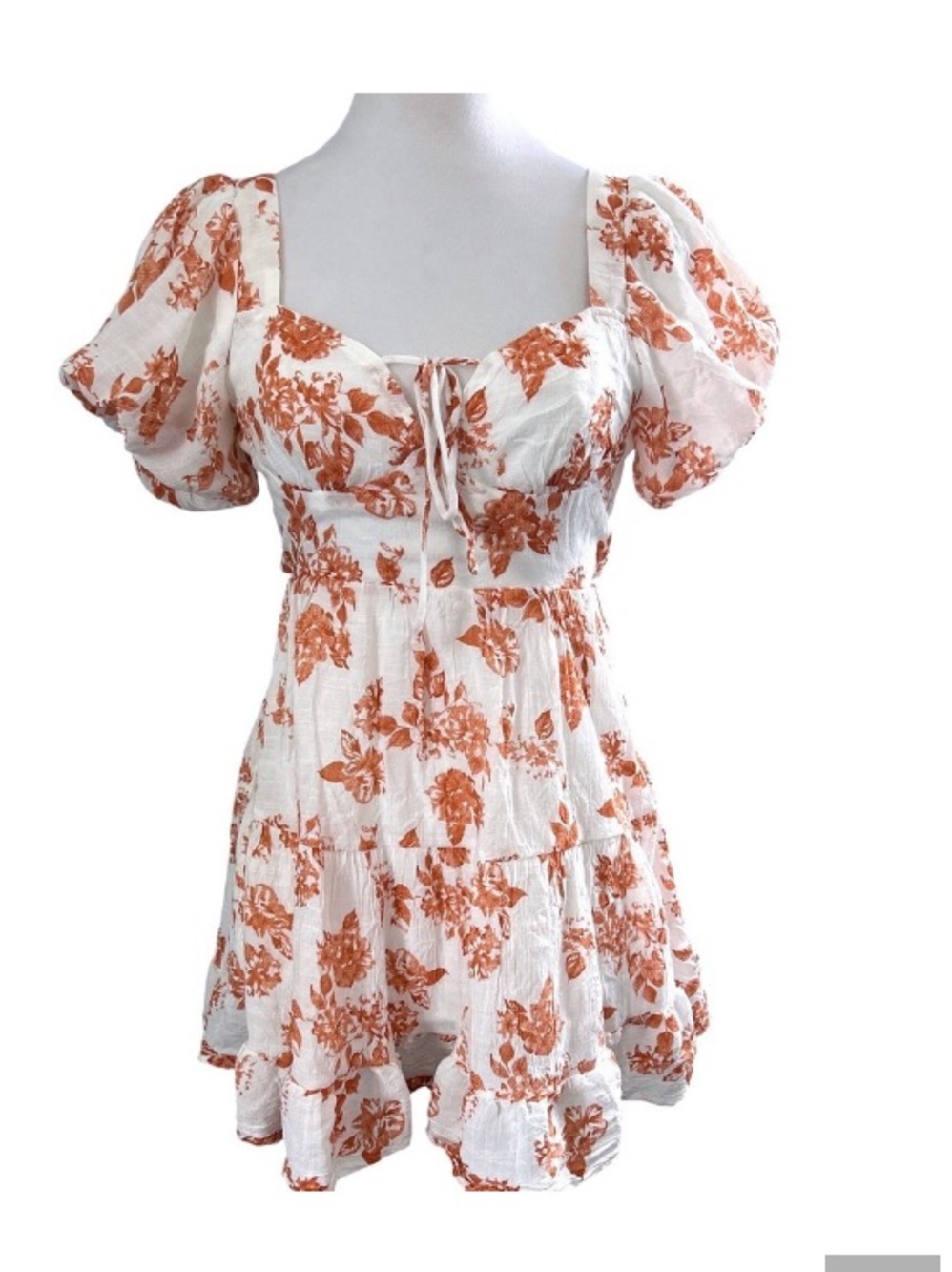 The Vintage Shop / White and Rust Floral Puff-Sleeve open back mini dress